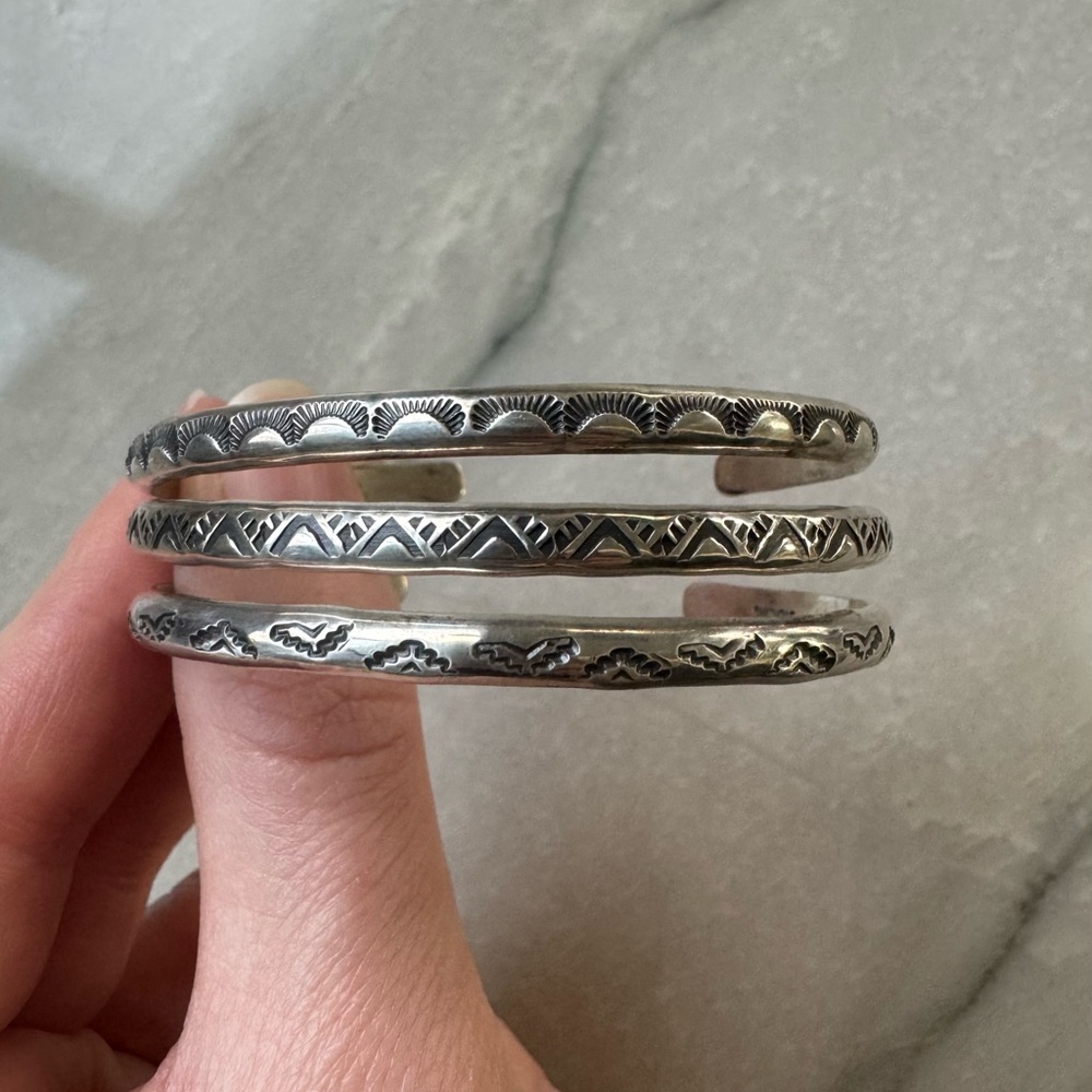 SOLD Set of Three Sterling Silver Stamped Cuff Bracelets